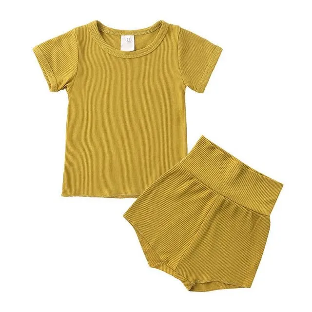 Belly-Protected T-Shirt And Shorts Set Mustard Yellow