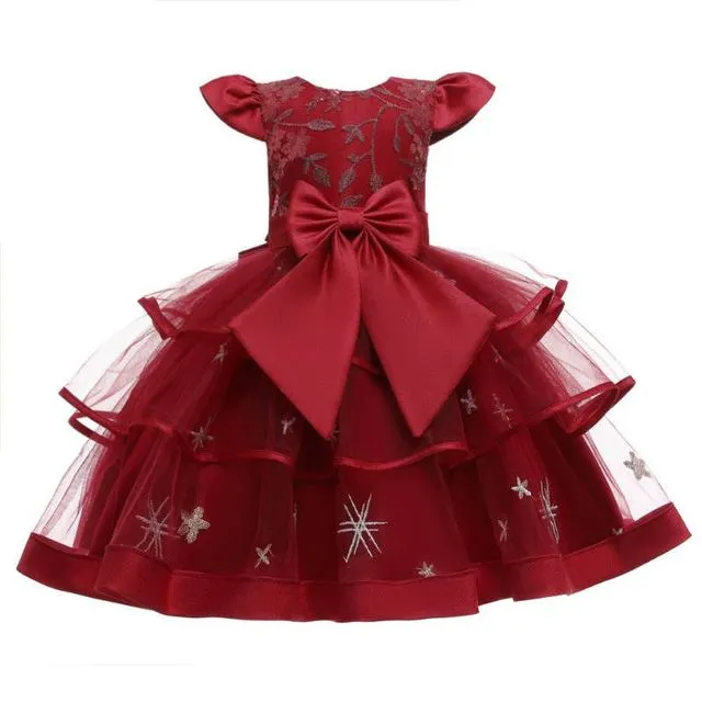 Bow Flutter Tiered Evening Dress Wine Red