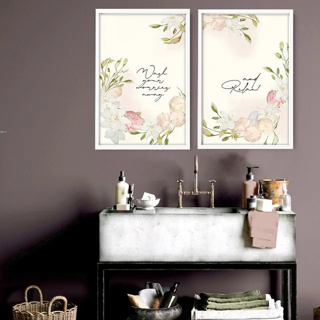 Trendy Shabby chic Decor framed set of 2 wall art prints for a Pastel Bathroom home decor
