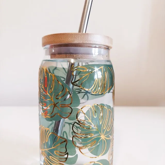Monstera Color Changing Beer Can Glass, Iced Coffee Glass Cup, Soda Glass Can, Iced Coffee Cup Glass, Aesthetic Glass Cups, Aesthetic Glass Tumbler, Beer Glass Cup