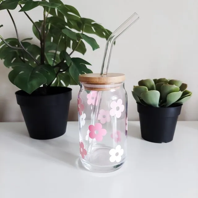 Pink Retro Flower Beer Can Glass, Iced Coffee Glass Cup, Soda Glass Can, Iced Coffee Cup Glass, Aesthetic Glass Cups, Aesthetic Glass Tumbler, Beer Glass Cup