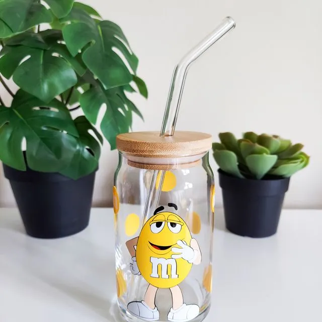 Yellow M&M Beer Can Glass, Iced Coffee Glass Cup, Soda Glass Can, Iced Coffee Cup Glass, Aesthetic Glass Cups, Aesthetic Glass Tumbler, Beer Glass Cup