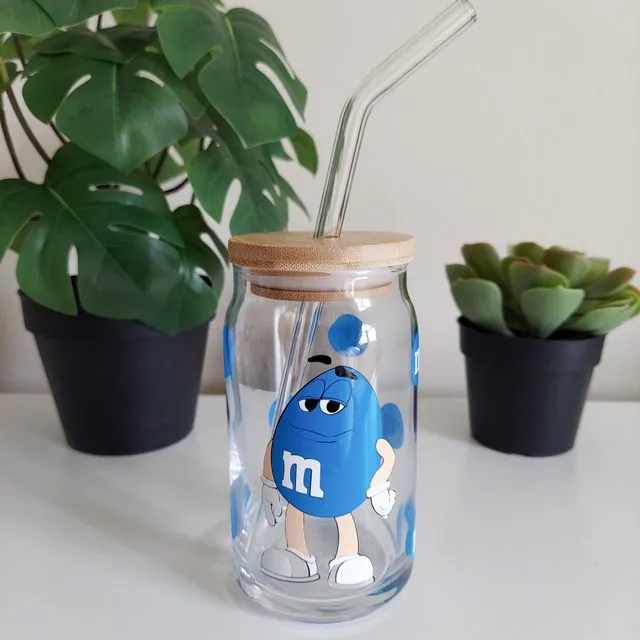 Blue M&M Beer Can Glass, Iced Coffee Glass Cup, Soda Glass Can, Iced Coffee Cup Glass, Aesthetic Glass Cups, Aesthetic Glass Tumbler, Beer Glass Cup