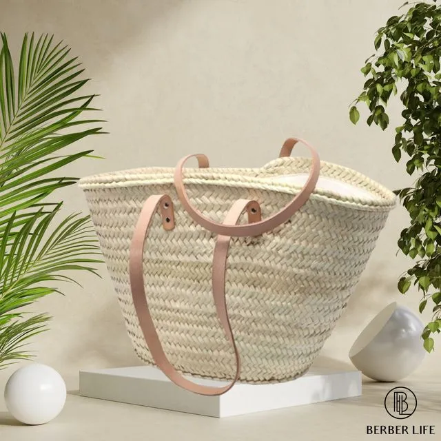 Straw Bag with Double Long Leather Handle and Zipper