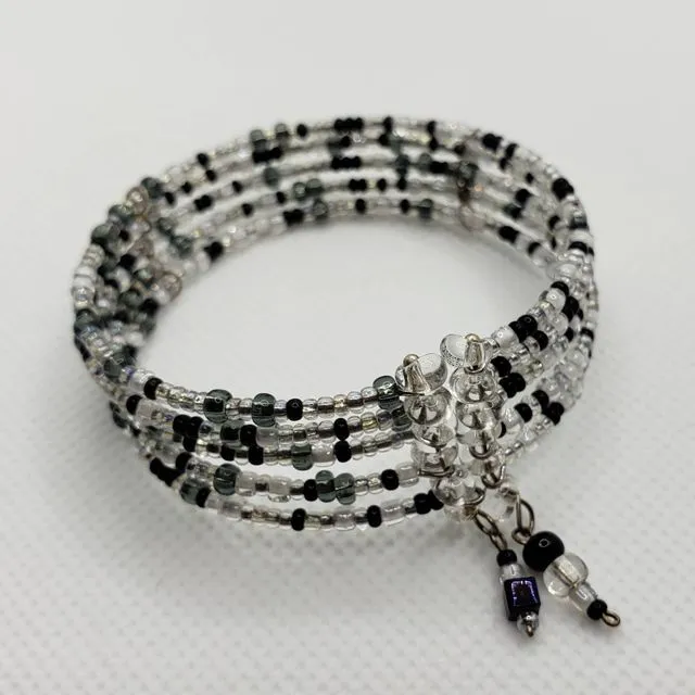 OOAK Bead Bracelet - Black & White Memory Wire Cuff