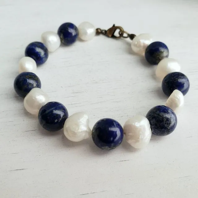 OOAK Bead Bracelet - Chunky Lapis Lazuli & Freshwater Pearl