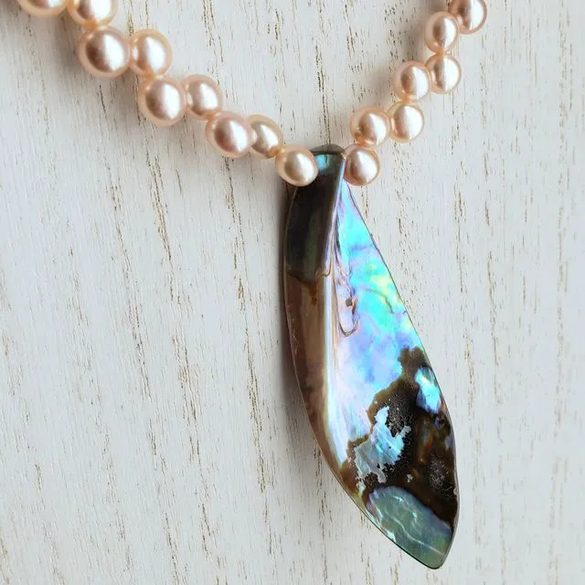 OOAK Bead Necklace - Abalone & Pink Freshwater Pearl Leaf