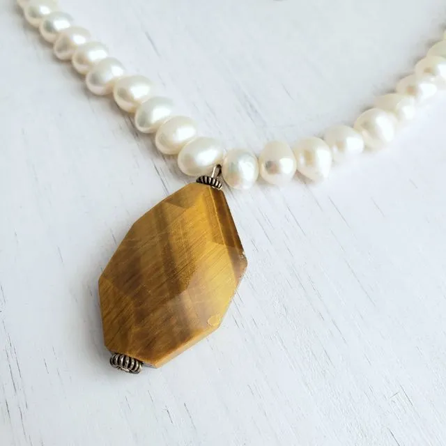 OOAK Bead Necklace - Tiger's-Eye & Freshwater Pearl White