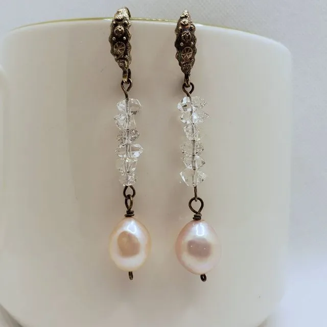 OOAK Earrings - Herkimer Diamond & Freshwater Pearl - Bridal