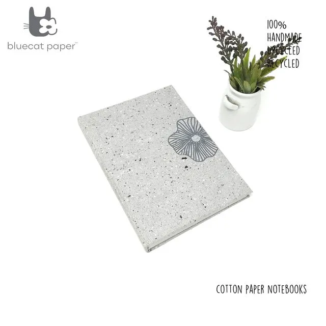 Upcyled Handmade Notebook A5 Grey Poppy Flower(HARD BOUND)