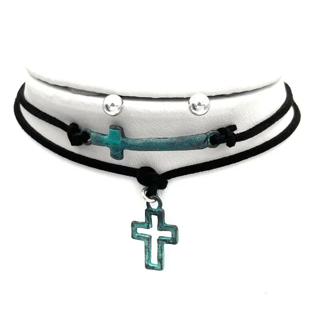 Patina Cross Double Strand Black Choker Necklace with Silver Stud Earrings