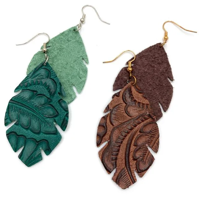Leather Print Leaf Drop Earrings