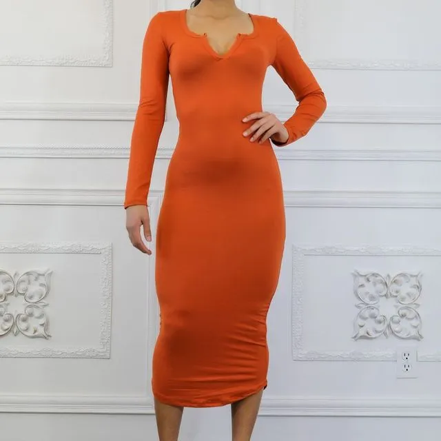 Split Accordingly Long Sleeves Midi Dress Orange