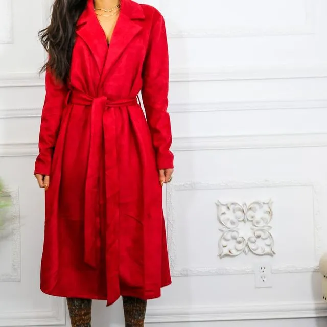Kimberly Faux Suede Long Coat Red