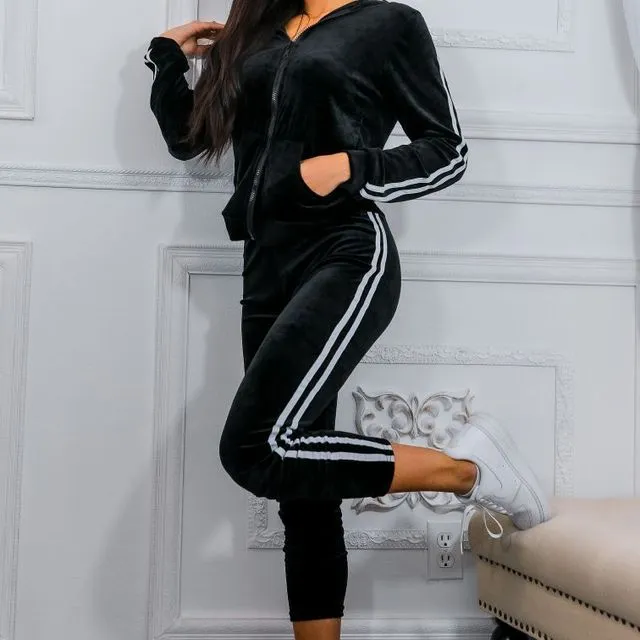 Lined up Sporty Hooded Faux Suede Jogger Set Black