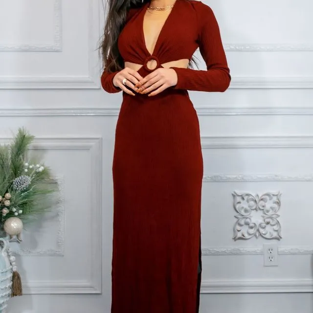 O Ring Cut Out Side Slits Sweater Dress Red