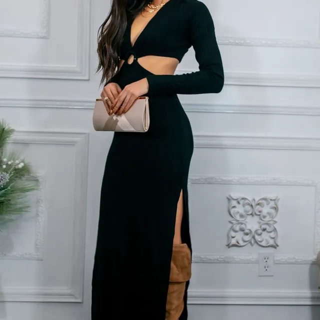 O Ring Cut Out Side Slits Sweater Dress Black