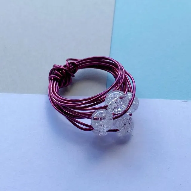 Wire Wrap Ring - reds/purple/pink Small dark pink with rock crystal K