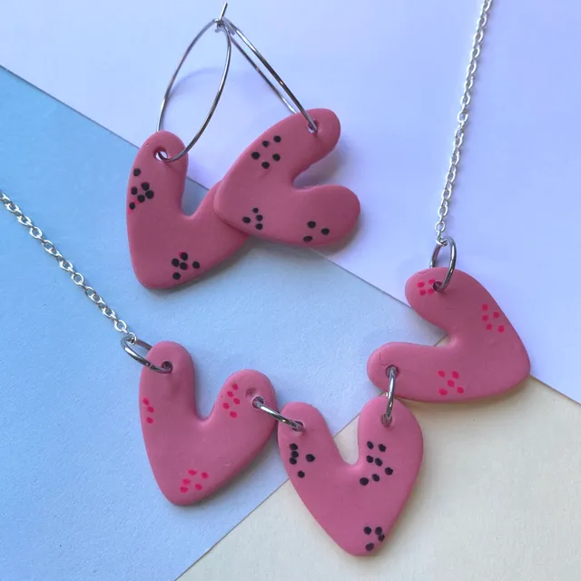 Love heart hoops and necklace gift set pink
