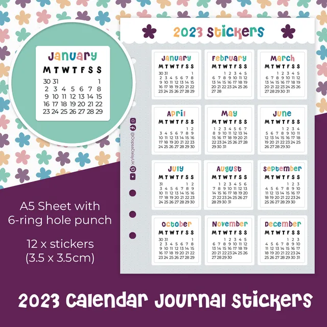 Rainbow 2023 monthly calendar stickers - A5 sticker sheet