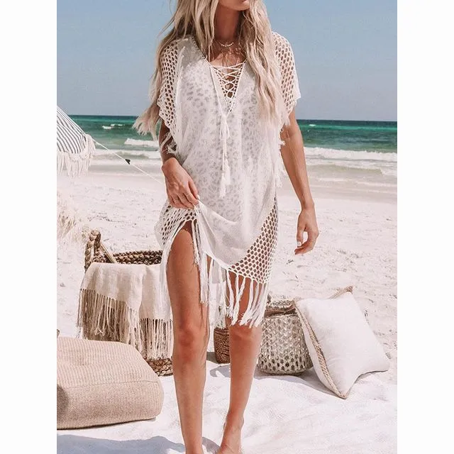 Ladies Vacation Knitted Fringed Beach Swimsuit Coverup