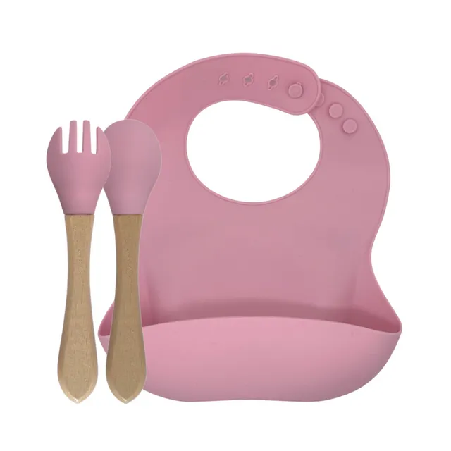 green-goose Silicone Bib and Bamboo Cutlery | Pink