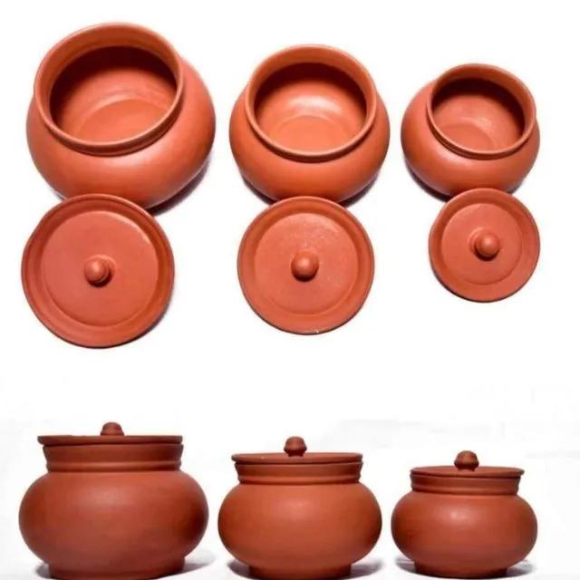 Clay Pot 3pc set with cover Glazed Terracotta Cookware, Earthen Casserole Dish for serving and Cooking - Small, Medium & Large Size