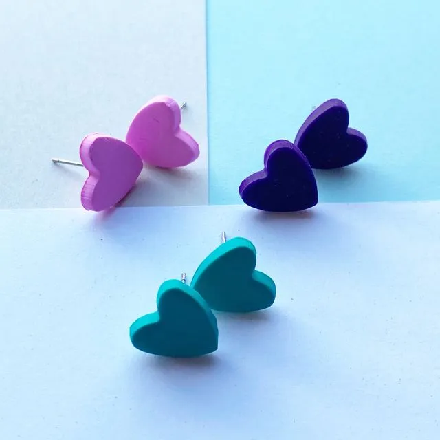 All you need is love - Heart shaped studs pink green and purple