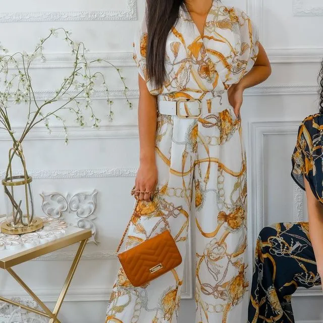 Printed Chains Belted Palazzo Jumpsuit White