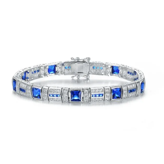 Sterling Silver Clear And Blue Cubic Zirconia Square Bracelet - Blue