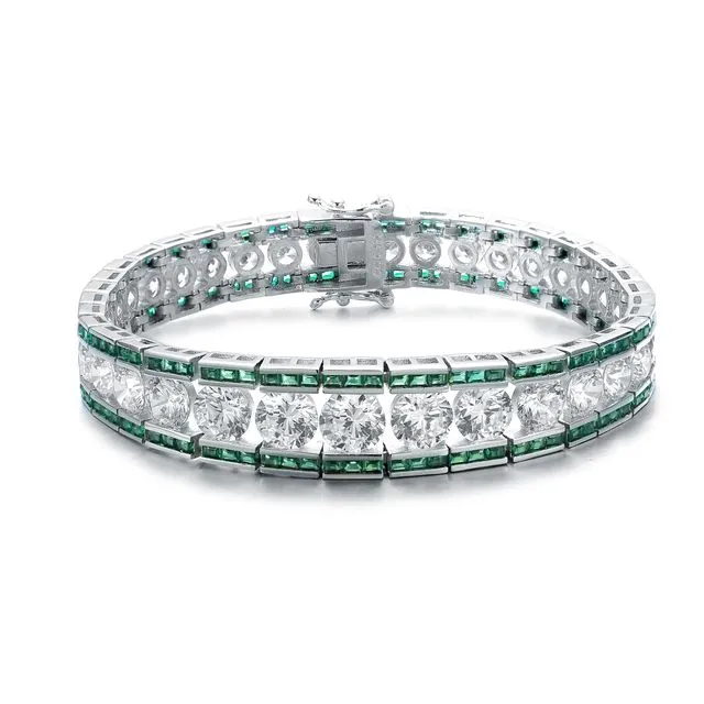 Sterling Silver Clear And Green Cubic Zirconia Link Bracelet - Green