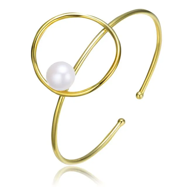 Sterling Silver Gold Plating Freshwater Pearl Cuff Bracelet - Gold