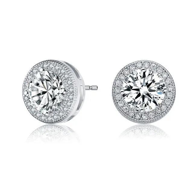 Sterling Silver Cubic Zirconia Solitaire Halo Stud Earrings - Silver