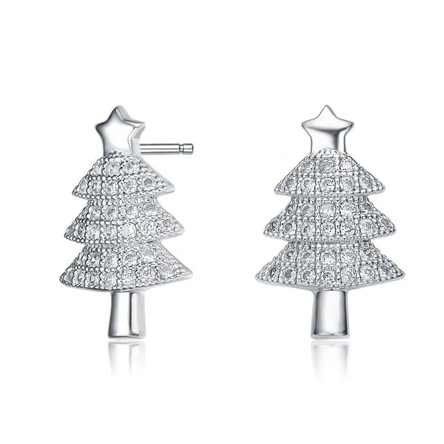 Sterling Silver Cubic Zirconia Pave Christmas Tree Earrings - Silver