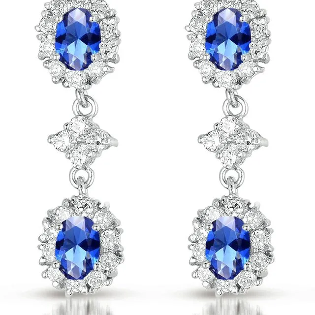 Sterling Silver Sapphire Cubic Zirconia Dangle Earrings - Blue