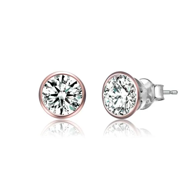 Sterling Silver Rose Gold Plated Cubic Zirconia Stud Earrings - Pink