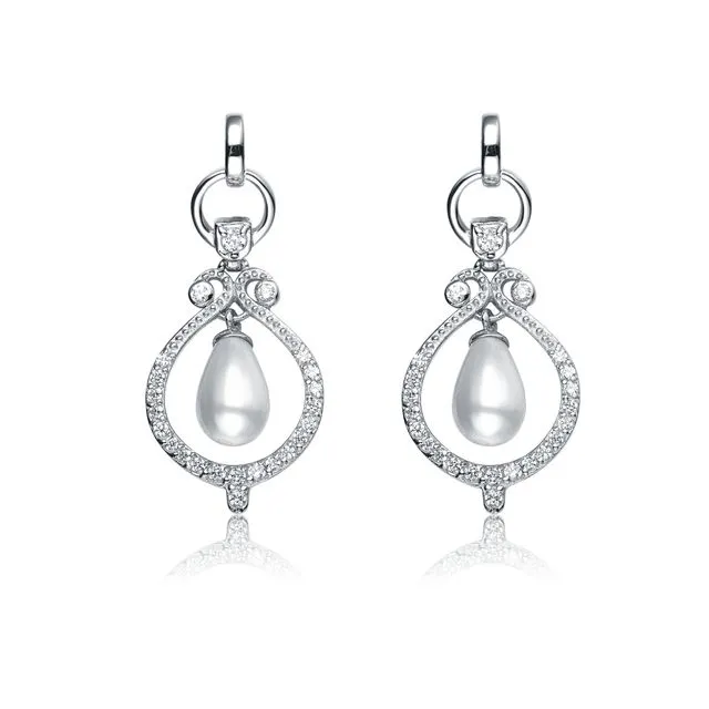 Sterling Silver Pearl And Cubic Zirconia Drop Earrings - Silver