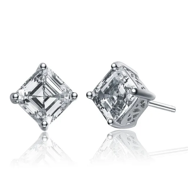 Sterling Silver Cubic Zirconia Square Stud Earrings - Silver