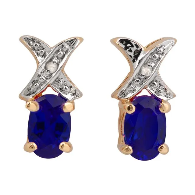 Sterling Silver Rose Gold Plated Sapphire Cubic Zirconia Oval Earrings - Blue