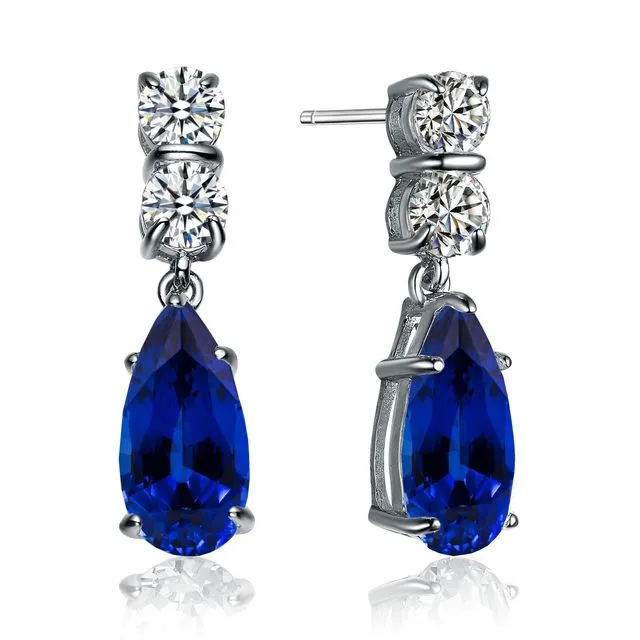 Sterling Silver Sapphire Cubic Zirconia Teardrop Earrings - Blue