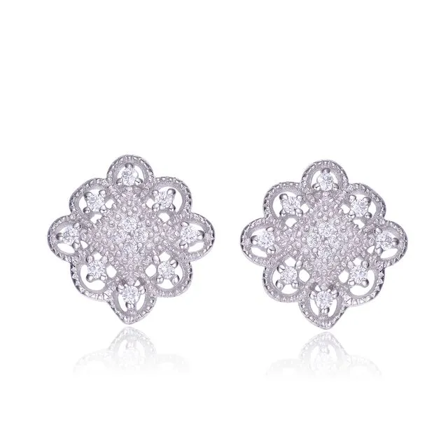 Sterling Silver Cubic Zirconia Floral Stud Earrings - Silver
