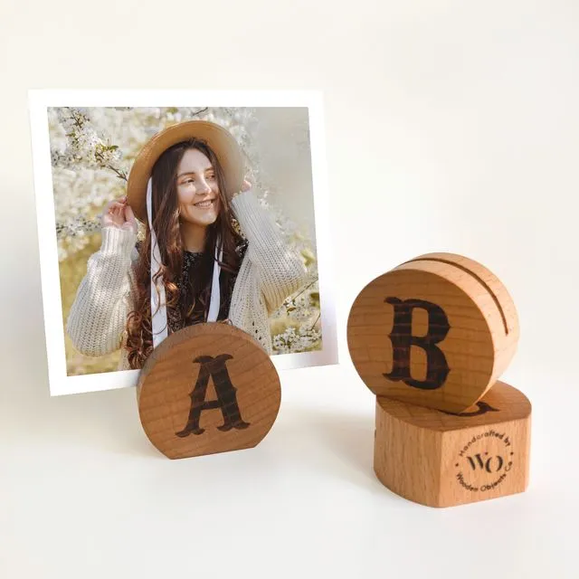 Monogram Moon Wooden Photo Holder, Wood Picture Stand