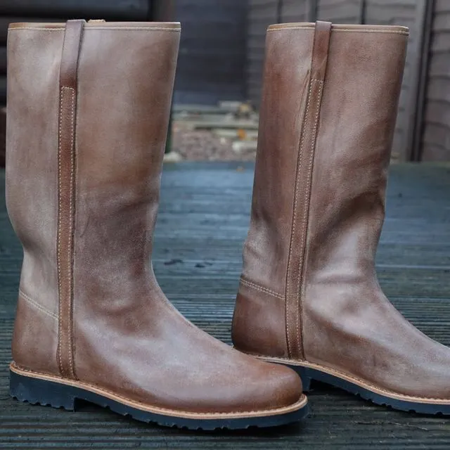 Nebo Long Wellington Leather Boots Natural Tan