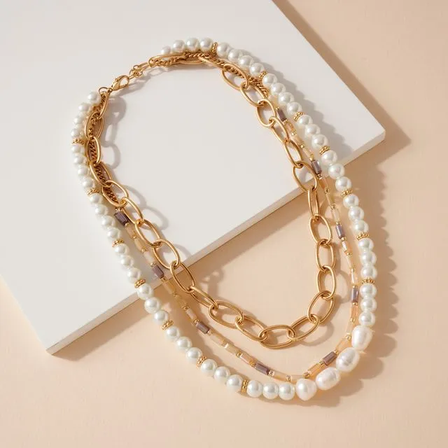 Layered Pearl Beaded Necklace Natural (Case of 4)