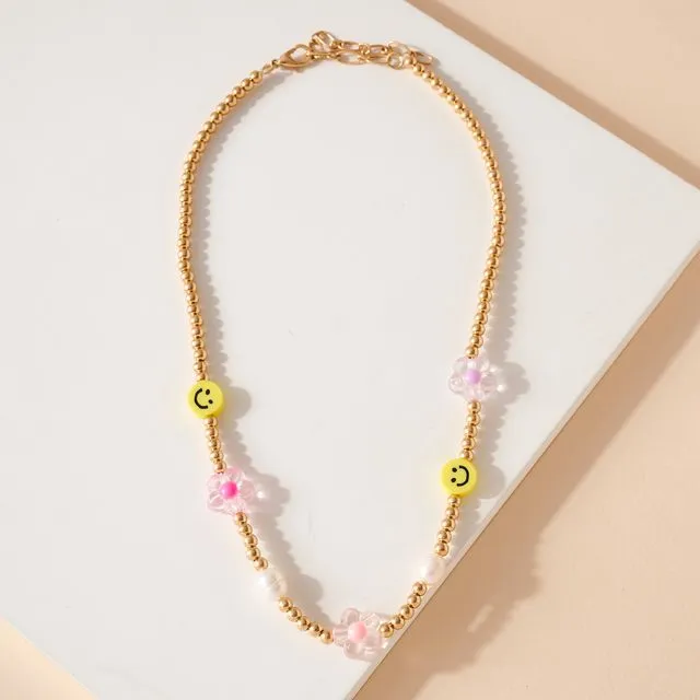 Smiley Face Heart and Flower Bead Necklace Flower (Case of 4)