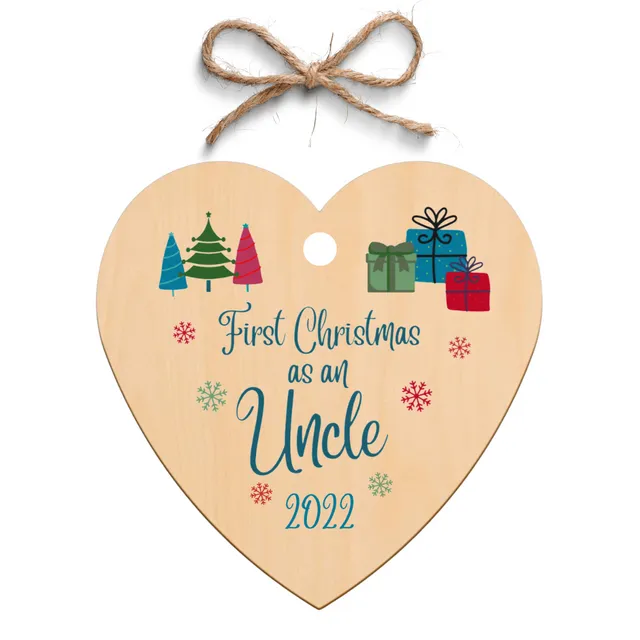 Second Ave First Christmas as an Uncle Wooden Hanging Heart Christmas Xmas Tree Decoration Bauble