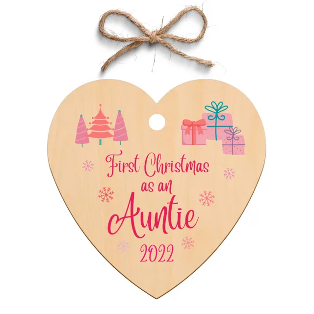 Second Ave First Christmas as an Auntie Wooden Hanging Heart Christmas Xmas Tree Decoration Bauble