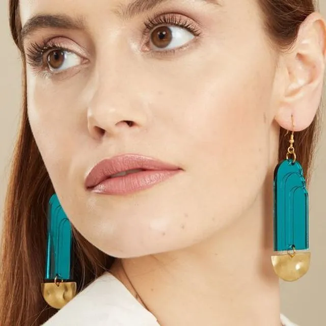 Art deco blue, green, purple fountain acrylic earrings with brass base