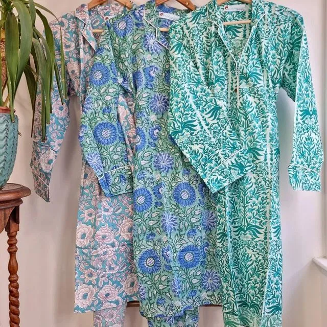 Blue Night Shirt Luxury Soft Cotton Indian Hand Block Aqua Blue Botanical Floral Lounge Sleepwear Nightdress Girls Pyjama Party Bridesmaid