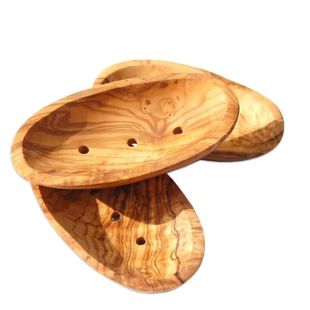 Soap dish olive wood oval with groove on the back, 12-14 cm